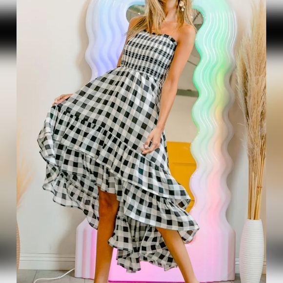 Smocked Body Off Shoulder Check Dress - Picture 2 of 5